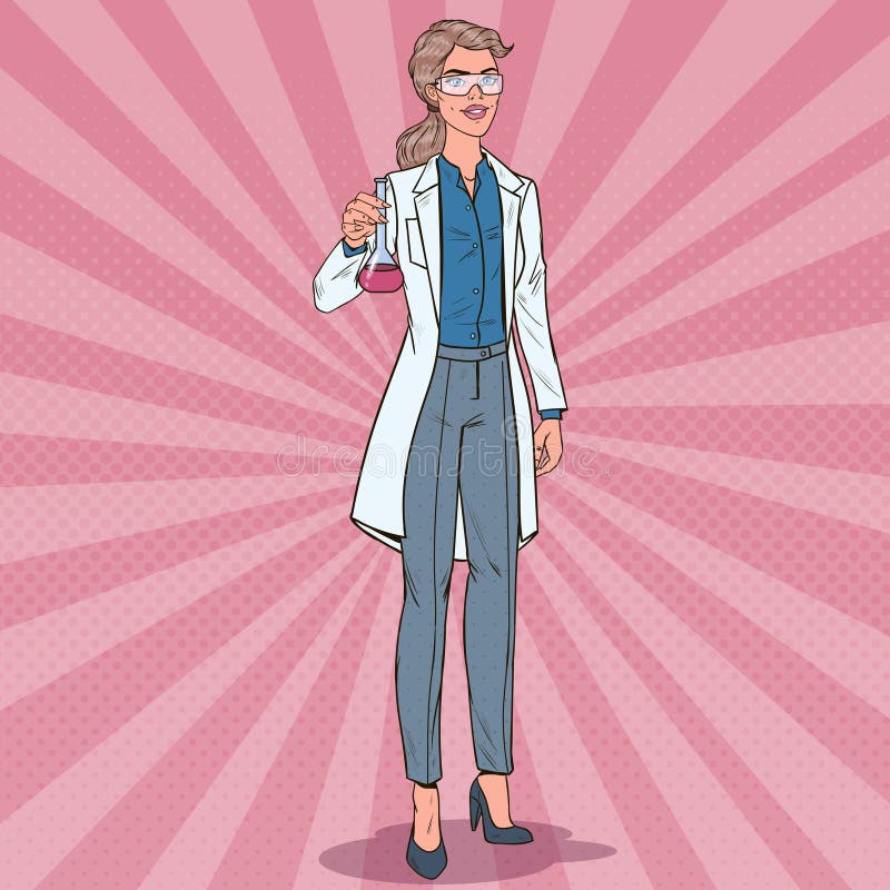 Estallido Art Woman Scientist con el frasco Investigador de sexo femenino del laboratorio Concepto de la farmacología de la quími ilustración del vector Estallido Art Woman Scientist con el frasco Investigador de sexo femenino del laboratorio Concepto de la farmacología de la quími ilustración del vector