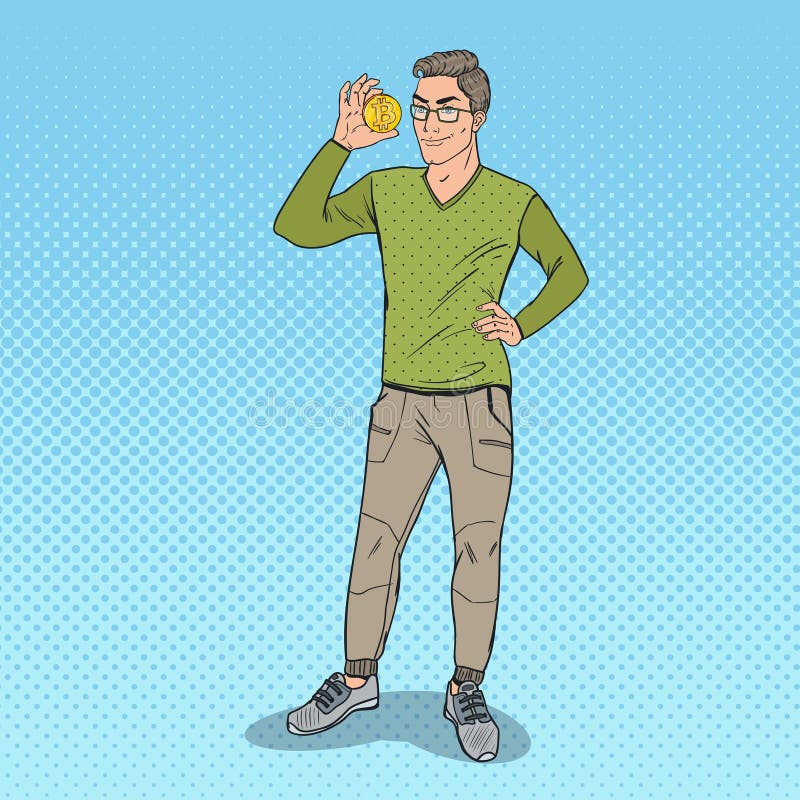Estallido Art Young Businessman Holding Golden Bitcoin Moneda Crypto virtual ilustración del vector Estallido Art Young Businessman Holding Golden Bitcoin Moneda Crypto virtual ilustración del vector