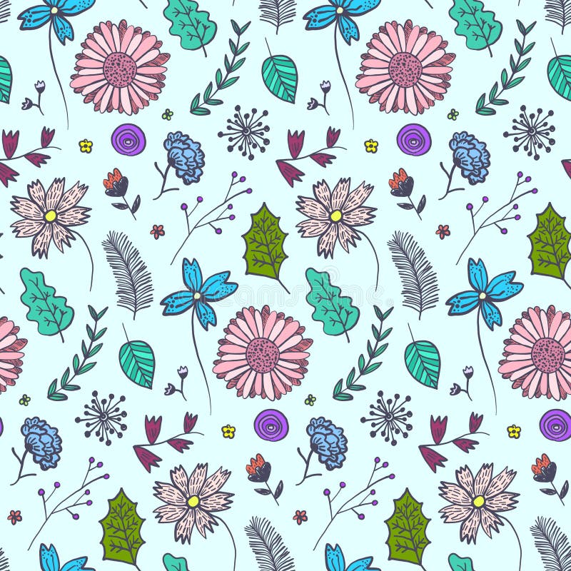 Estampado de flores azul del garabato con las flores coloridas libre illustration Estampado de flores azul del garabato con las flores coloridas libre illustration