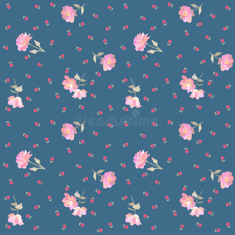 Estampado de flores ditsy sin fin con las rosas rosadas apacibles y los tulipanes minúsculos rojos aislados en fondo azul en vect stock de ilustración Estampado de flores ditsy sin fin con las rosas rosadas apacibles y los tulipanes minúsculos rojos aislados en fondo azul en vect stock de ilustración