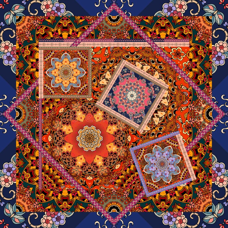Estampado de flores hermoso en estilo del remiendo Motivos indios, árabes, aztecas, marroquíes, mexicanos ilustración del vector Estampado de flores hermoso en estilo del remiendo Motivos indios, árabes, aztecas, marroquíes, mexicanos ilustración del vector
