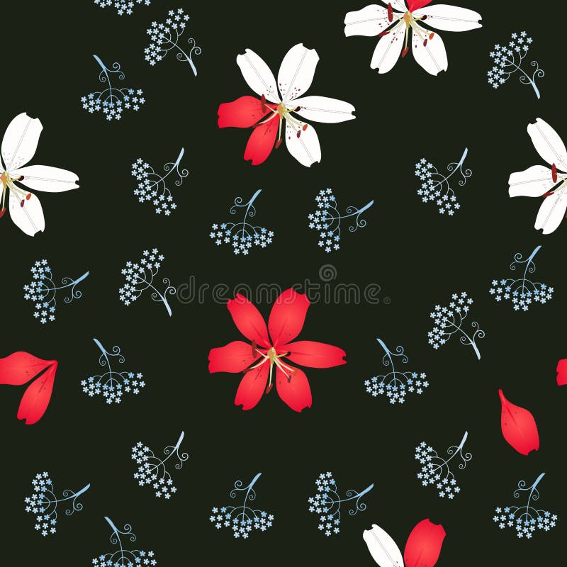 Estampado de flores inconsútil con los lirios y las siluetas de las mini flores del paraguas aisladas en fondo negro en vector ilustración del vector Estampado de flores inconsútil con los lirios y las siluetas de las mini flores del paraguas aisladas en fondo negro en vector ilustración del vector
