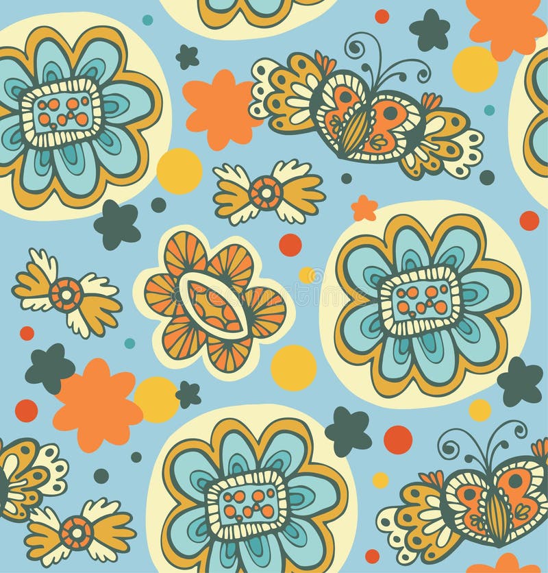 Estampado de flores inconsútil decorativo. Garabatee el fondo con las flores, los corazones y las mariposas libre illustration Estampado de flores inconsútil decorativo. Garabatee el fondo con las flores, los corazones y las mariposas libre illustration