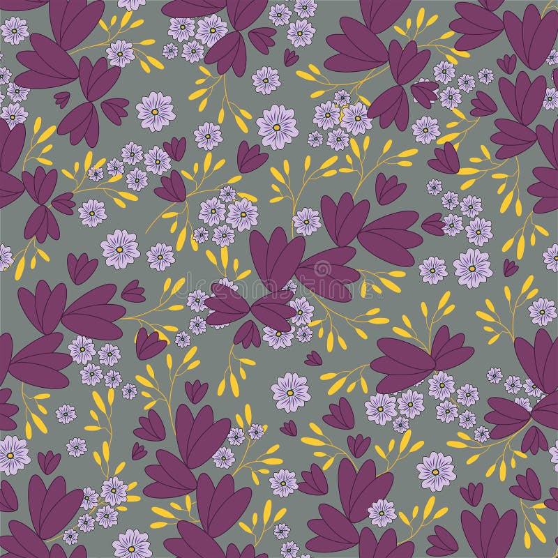 Estampado de flores inconsútil del vector en fondo gris Modelo de las hojas y de flores stock de ilustración Estampado de flores inconsútil del vector en fondo gris Modelo de las hojas y de flores stock de ilustración
