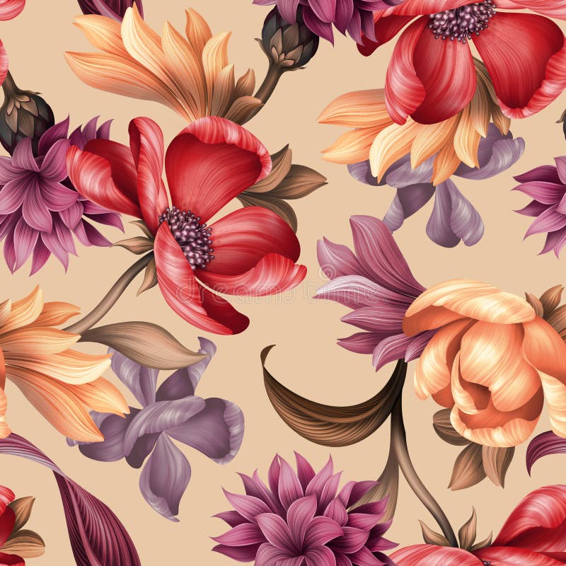 Estampado de flores inconsútil, flores púrpuras rojas salvajes, ejemplo botánico, fondo colorido, diseño de la materia textil