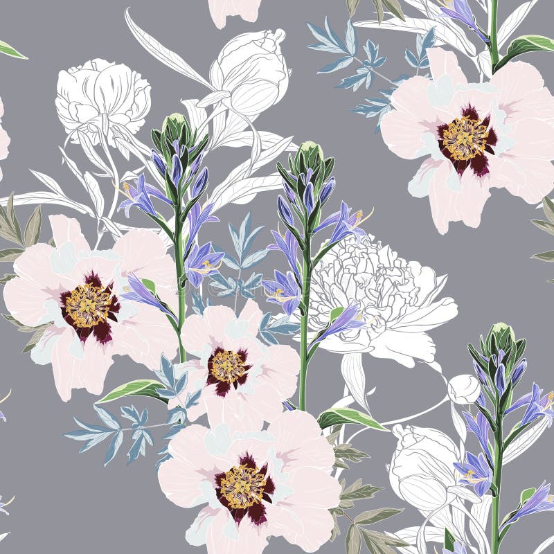Estampado de flores de moda con los muchos clase de flores Motivos botánicos tropicales Textura inconsútil del vector stock de ilustración Estampado de flores de moda con los muchos clase de flores Motivos botánicos tropicales Textura inconsútil del vector stock de ilustración