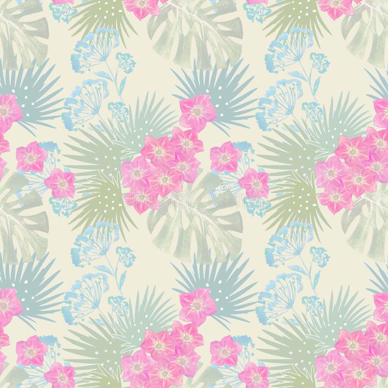 Estampado de flores tropical inconsútil Hojas de palma, flores exóticas, ramitas del color delicado stock de ilustración Estampado de flores tropical inconsútil Hojas de palma, flores exóticas, ramitas del color delicado stock de ilustración