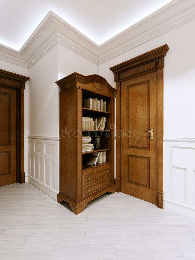 Estante para libros clásico de madera con los libros y una puerta siguiente en el pasillo ilustración del vector Estante para libros clásico de madera con los libros y una puerta siguiente en el pasillo ilustración del vector