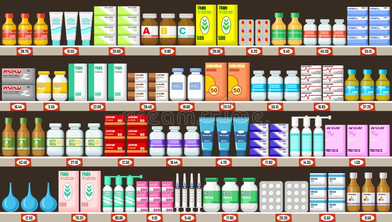 Estantes de la farmacia con la medicina libre illustration Estantes de la farmacia con la medicina libre illustration