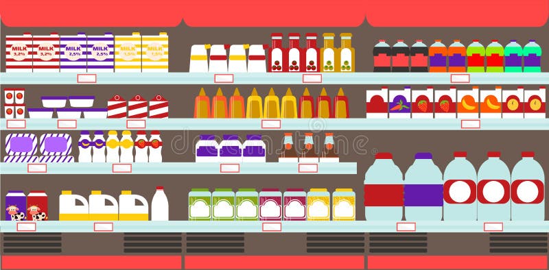 Estantes del supermercado, de colmado con los productos y bebidas libre illustration Estantes del supermercado, de colmado con los productos y bebidas libre illustration