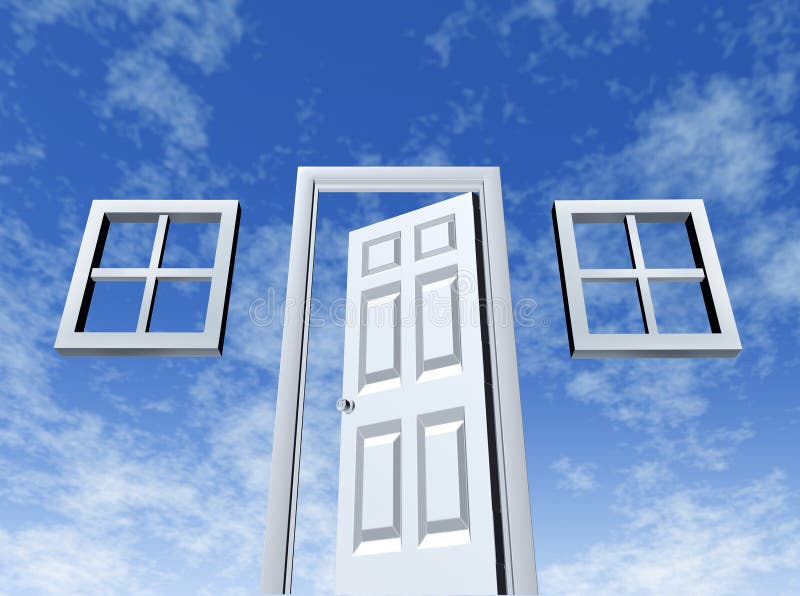Open door to opportunity with windows and entrance on a sky background as a symbol of success and new wealth strategies for a better life or a housing concept with home elements. Open door to opportunity with windows and entrance on a sky background as a symbol of success and new wealth strategies for a better life or a housing concept with home elements.