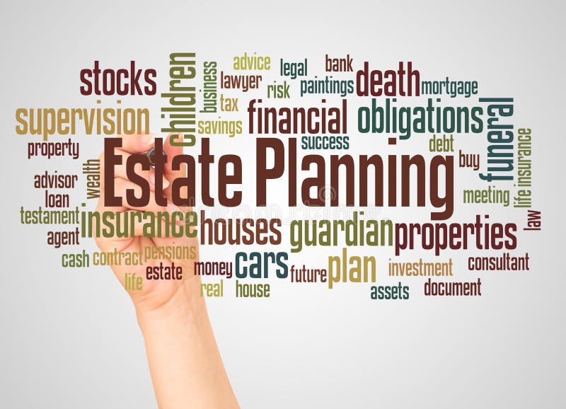 Estate planning word cloud and hand with marker concept. On white background royalty free stock photo