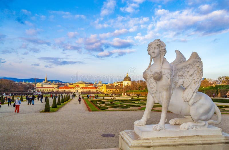 sphinx statue sited in the formal gardens of the Schloss Belvedere palace,Extensive mythological references throughout the gardens allude to the rise of Prince Eugene with a sculptural program linking him to the god Apollo.A great water basin in the upper parterre and the stairs and cascades peopled by nymphs and goddesses that links upper and lower parterres survive,The Belvedere Gardens were designed in the formal French manner with clipped hedges, gravelled walks.December 21th 2014. sphinx statue sited in the formal gardens of the Schloss Belvedere palace,Extensive mythological references throughout the gardens allude to the rise of Prince Eugene with a sculptural program linking him to the god Apollo.A great water basin in the upper parterre and the stairs and cascades peopled by nymphs and goddesses that links upper and lower parterres survive,The Belvedere Gardens were designed in the formal French manner with clipped hedges, gravelled walks.December 21th 2014