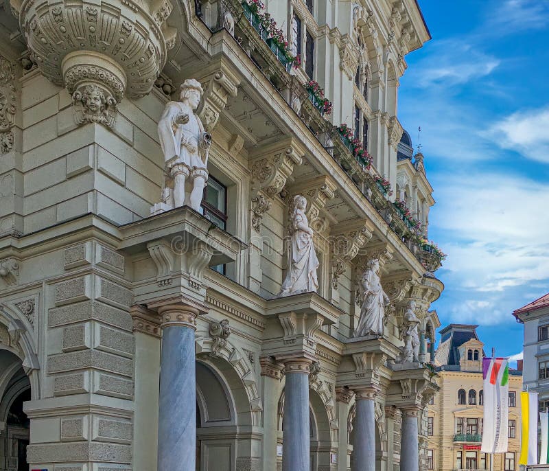 Graz Austria - May 26 2016: Statuary on the exterior of the Graz Goverment Complex on Hauptplatz 3. Graz Austria - May 26 2016: Statuary on the exterior of the Graz Goverment Complex on Hauptplatz 3