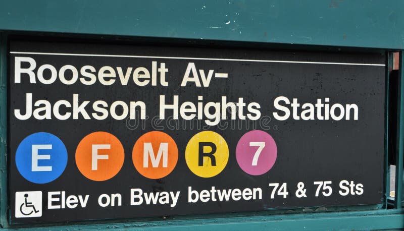 Queens New York Jackson Heights Subway Sign MTA Train Station. Queens New York Jackson Heights Subway Sign MTA Train Station