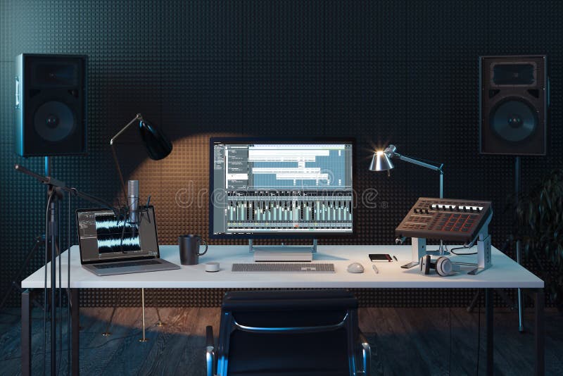Estação de música do computador do estúdio Console de mistura audio profissional rendição 3d