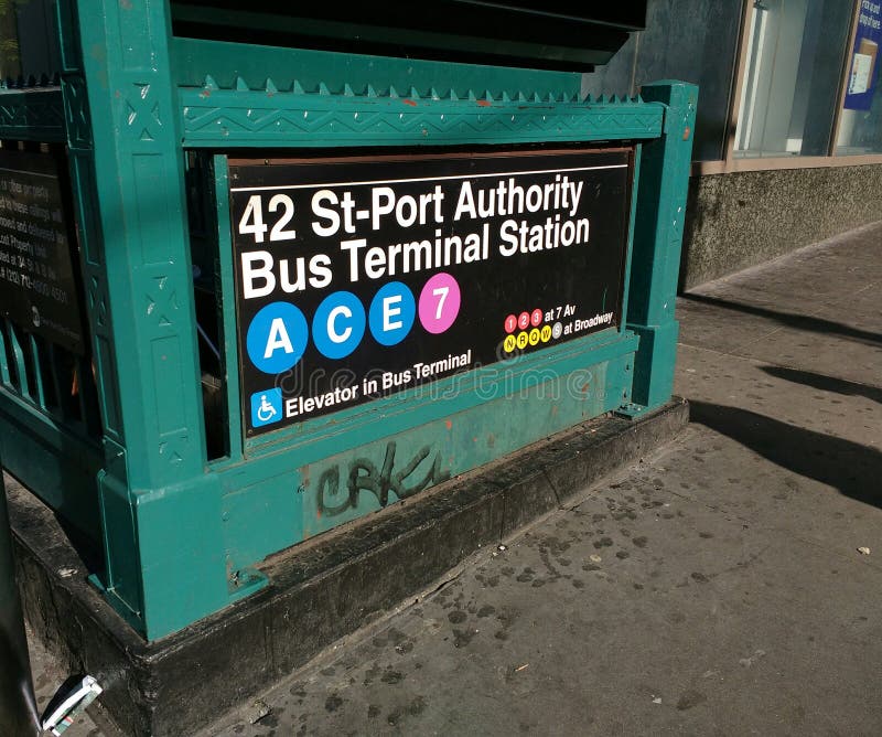 Access the A C E and 7 trains here. Connection is also available for the 1 2 3 at 7th Avenue and the N R Q W and S at Broadway. This photo was taken at the corner of 8th Avenue and 40th Street in New York City on September 30th 2018. Access the A C E and 7 trains here. Connection is also available for the 1 2 3 at 7th Avenue and the N R Q W and S at Broadway. This photo was taken at the corner of 8th Avenue and 40th Street in New York City on September 30th 2018.