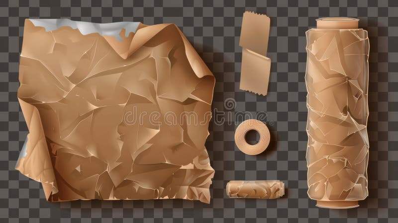 This realistic set of adhesive plastic tape is isolated on transparent background and shows crumpled sticky strips for packaging, damage repair, wrinkled cellophane strips, and glued patches.. AI generated. This realistic set of adhesive plastic tape is isolated on transparent background and shows crumpled sticky strips for packaging, damage repair, wrinkled cellophane strips, and glued patches.. AI generated
