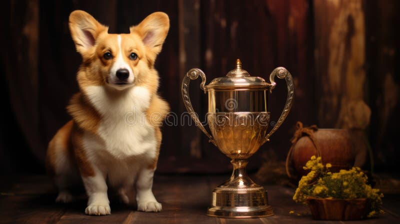 This dog claims the top spot at the show, marked by a dazzling golden cup AI generated. This dog claims the top spot at the show, marked by a dazzling golden cup AI generated