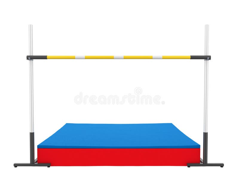 High Jump Landing Mat and Bar isolated on white background. 3D render. High Jump Landing Mat and Bar isolated on white background. 3D render