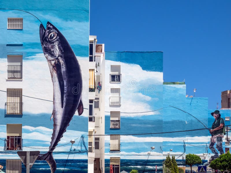 ESTEPONA, ANDALUCIA/SPAIN - MAY 5 : Fishing Day mural by Jose Fe