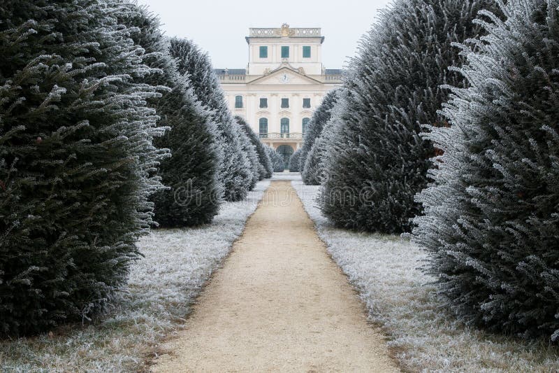 Esterhazy slottträdgård i vinter med grusvägen, Fertod fotografering för bildbyråer Esterhazy slottträdgård i vinter med grusvägen, Fertod fotografering för bildbyråer