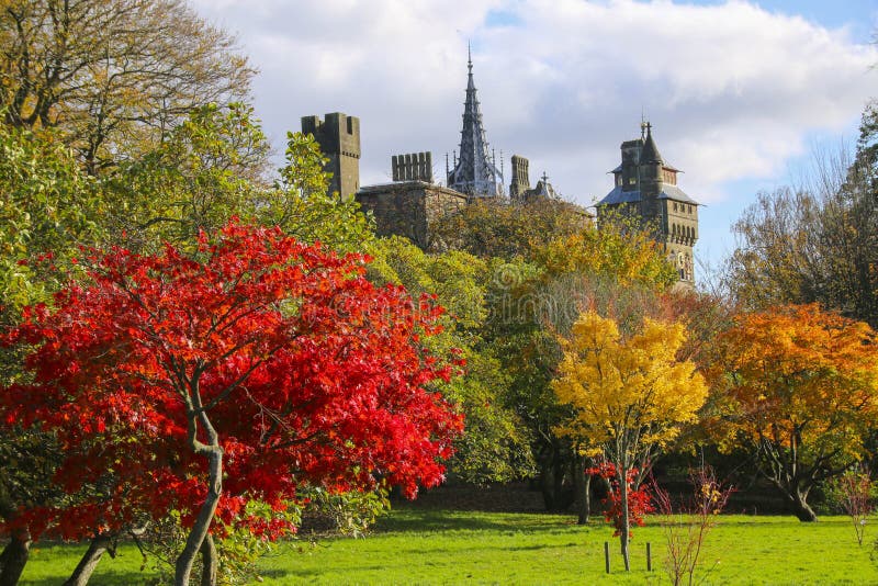 Esterno del castello di Cardiff nel centro di Cardiff nel sole di autunno immagini stock libere da diritti Esterno del castello di Cardiff nel centro di Cardiff nel sole di autunno immagini stock libere da diritti