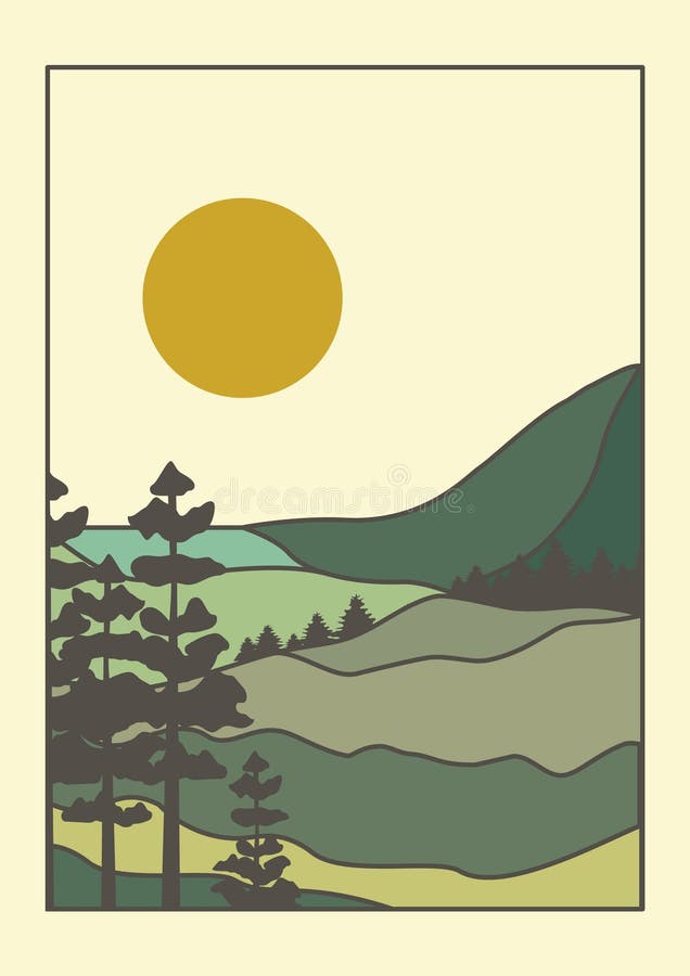 Estetiskt grönt ängslandskap med bergsbild royaltyfri illustrationer
