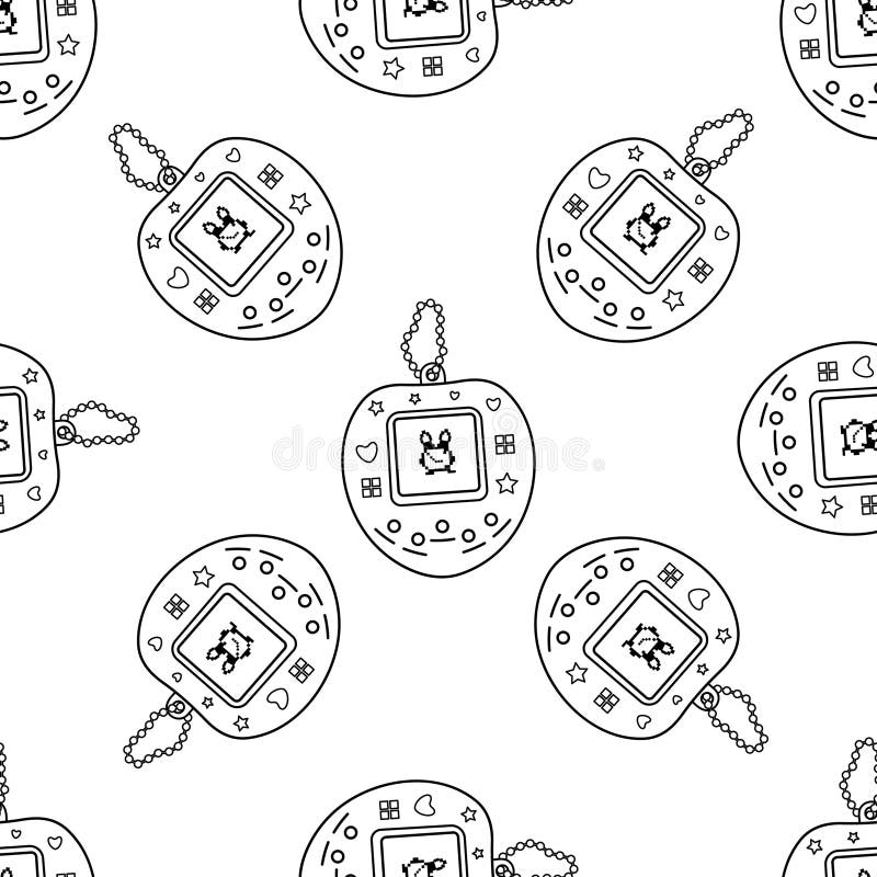 Classic y2k, 90s and 2000s aesthetic. Outline style retro electronic pet pocket game, vintage seamless pattern. Hand-drawn vector illustration. Classic y2k, 90s and 2000s aesthetic. Outline style retro electronic pet pocket game, vintage seamless pattern. Hand-drawn vector illustration.