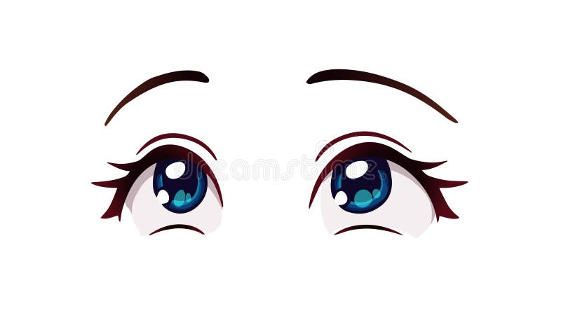 Cara de anime feliz. manga estilo grandes olhos azuis, nariz pequeno e boca  kawaii. mão ilustrações desenhadas.