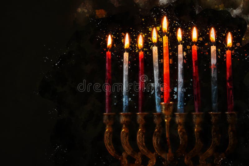 estilo aquarela e imagem abstrata de Hanukkah feriado judeu com menorah (candelabro tradicional imagens de stock royalty free estilo aquarela e imagem abstrata de Hanukkah feriado judeu com menorah (candelabro tradicional imagens de stock royalty free
