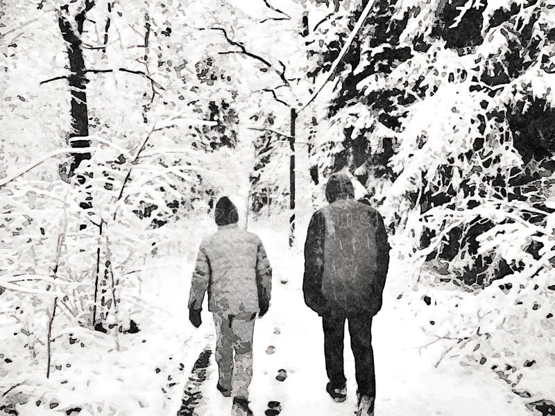 Duas Pessoas Caminhando Num Dia De Inverno Com Neve E Sol Cheio