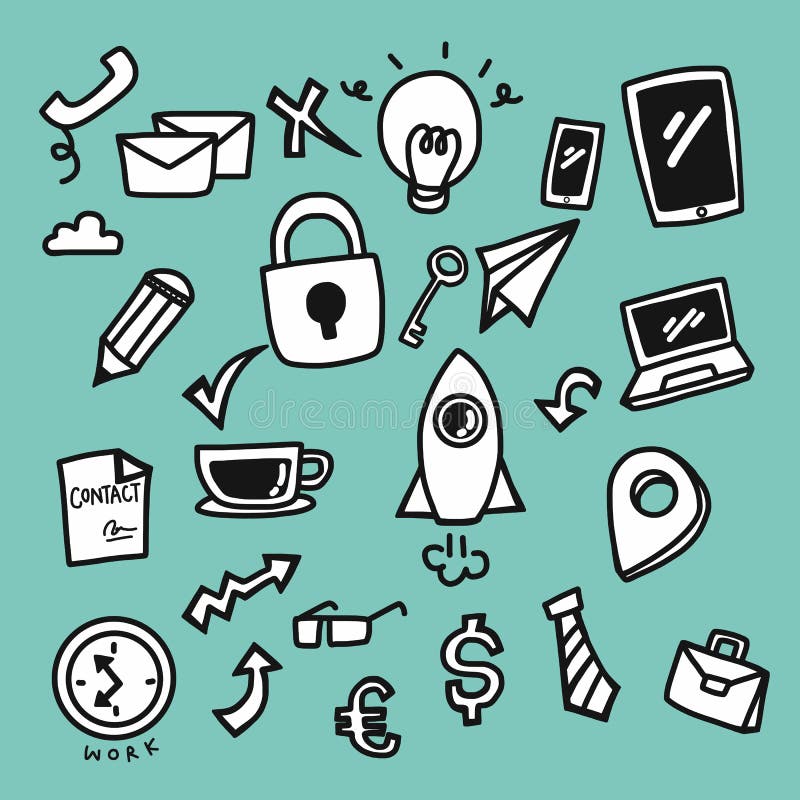 Estilo bonito dos desenhos animados da garatuja do grupo do ícone do negócio ilustração stock Estilo bonito dos desenhos animados da garatuja do grupo do ícone do negócio ilustração stock