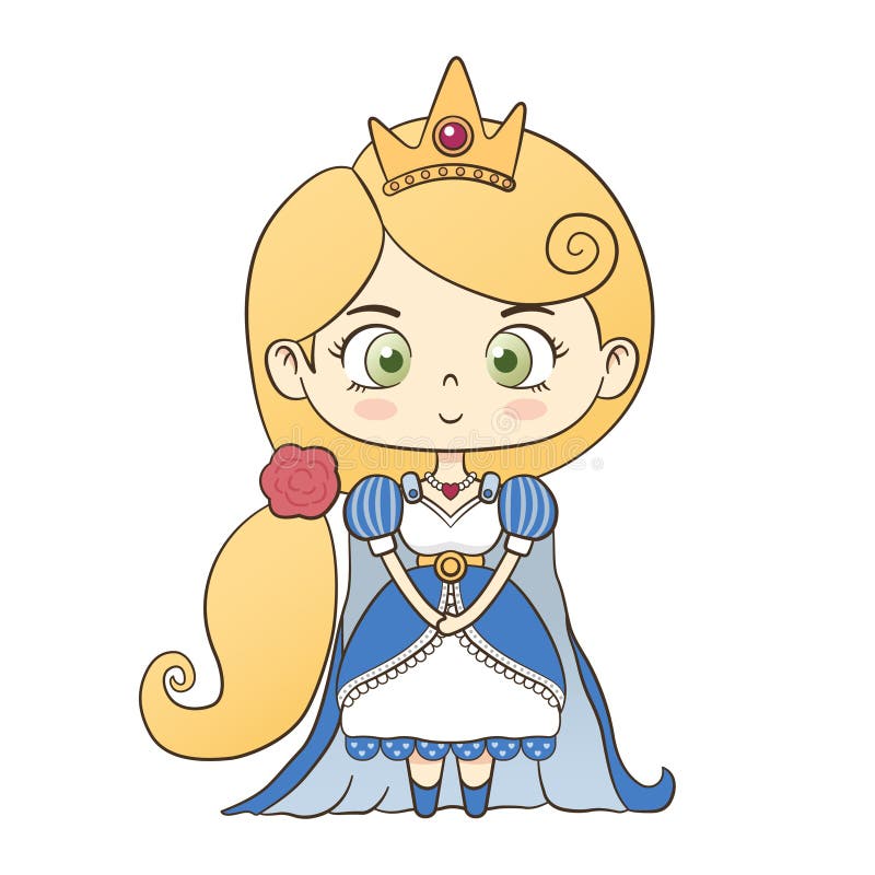 Estilo caricatura linda princesa amarilla larga de cabello largo con vestido blanco y azul usando una corona sonriendo libre illustration