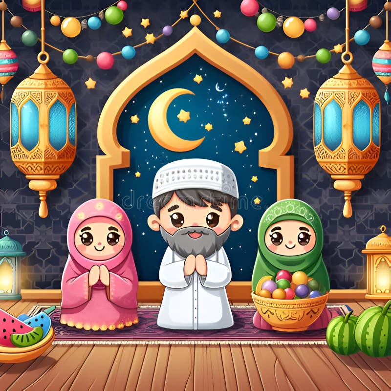Estilo cartoon de uma ramadã feliz com ornamentos de ramadã da lua crescente fotografia de stock