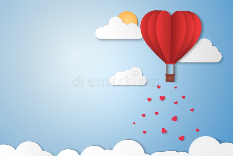 Estilo de Papel, amor do dia dos namorados com espaço de cópia, balão voando sobre nuvem com coração flutuando no céu, lua de mel