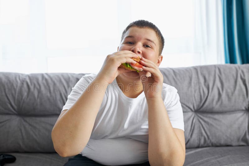 Adolescente Gordo Come Comida De Lixo E Joga Jogos De Computador Imagem de  Stock - Imagem de infância, rede: 196206977