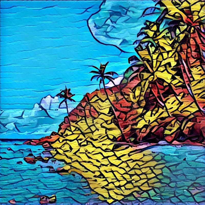 Estilo del mosaico, pintada o imagen del vitral de la isla tropical Paisaje exótico de la naturaleza stock de ilustración Estilo del mosaico, pintada o imagen del vitral de la isla tropical Paisaje exótico de la naturaleza stock de ilustración