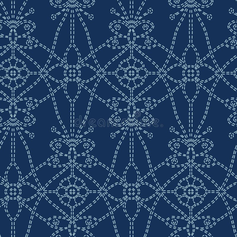 Estilo del sashiko del adorno de la mariposa de la flor Modelo incons?til del vector de la costura japonesa Línea de azules añile stock de ilustración Estilo del sashiko del adorno de la mariposa de la flor Modelo incons?til del vector de la costura japonesa Línea de azules añile stock de ilustración