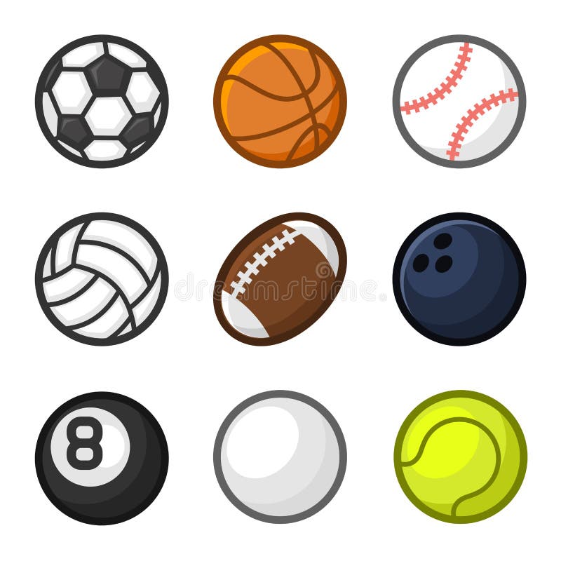 ícones de bolas esportivas definem tipos de jogo, estilo de desenho animado  8558039 Vetor no Vecteezy