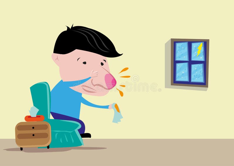 Estilo dos desenhos animados do homem ou a criança com nariz vermelho e a gripe em um dia chuvoso Clipart editável ilustração royalty free Estilo dos desenhos animados do homem ou a criança com nariz vermelho e a gripe em um dia chuvoso Clipart editável ilustração royalty free