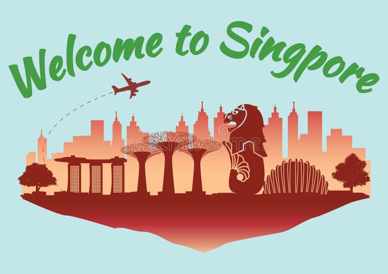 Estilo famoso de la silueta de la señal de Singapur en la isla roja del flotador y texto del nombre de país, viaje y turismo verd ilustración del vector Estilo famoso de la silueta de la señal de Singapur en la isla roja del flotador y texto del nombre de país, viaje y turismo verd ilustración del vector
