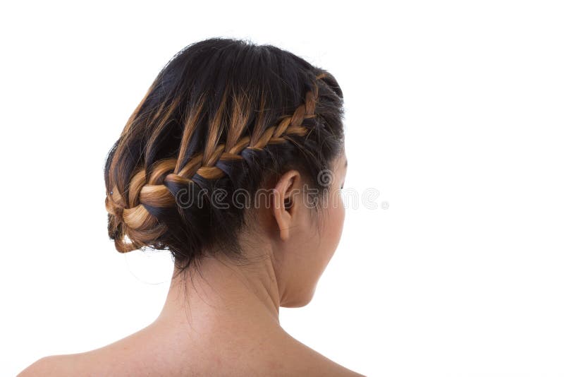Estilo longo da trança do cabelo no fundo branco imagem de stock Estilo longo da trança do cabelo no fundo branco imagem de stock