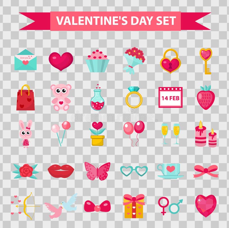 Estilo plano de los iconos del día de tarjetas del día de San Valentín, aislado en fondo transparente Ilustración del vector libre illustration Estilo plano de los iconos del día de tarjetas del día de San Valentín, aislado en fondo transparente Ilustración del vector libre illustration