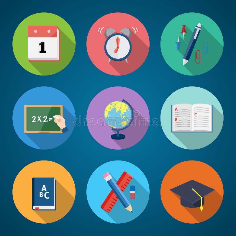 Estilo plano de nuevo a icono inmóvil del vector de la escuela stock de ilustración Estilo plano de nuevo a icono inmóvil del vector de la escuela stock de ilustración