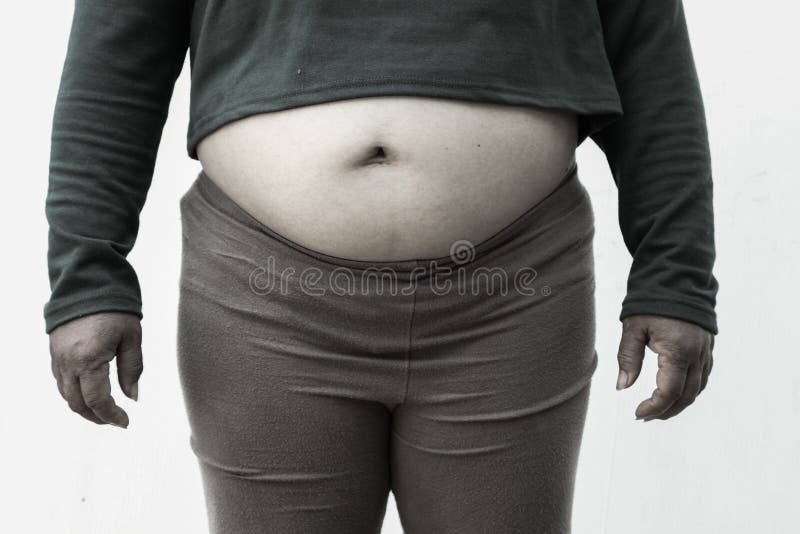 Black and white picture style for Close-up of fat woman on white background. Concept for obesity issue, diet of food for health. Black and white picture style for Close-up of fat woman on white background. Concept for obesity issue, diet of food for health.