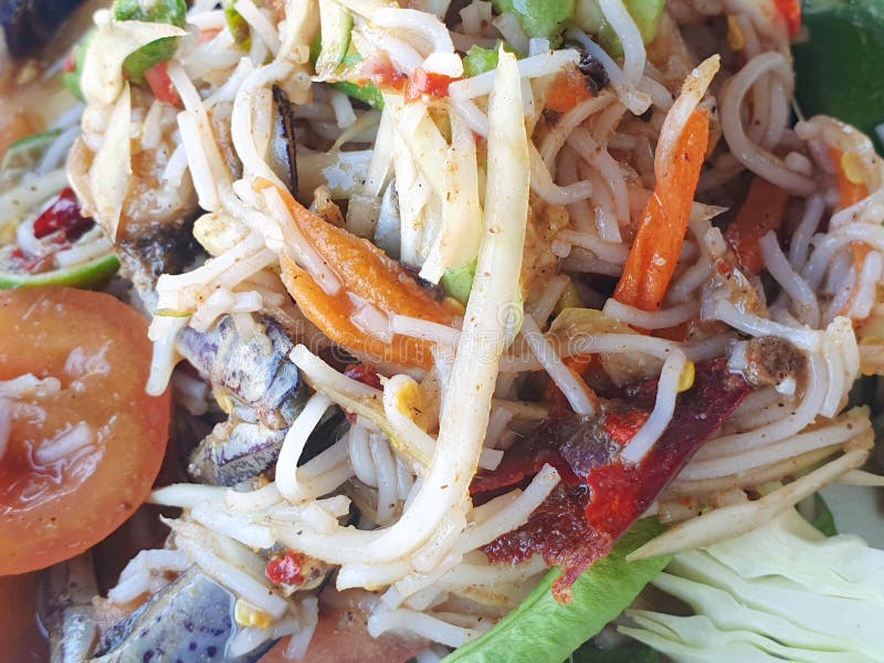 Estilo tailand?s do alimento, salada da papaia com tomate, camar?o, piment?o, feij?o, corriola e couve como um fundo imagem de stock royalty free Estilo tailand?s do alimento, salada da papaia com tomate, camar?o, piment?o, feij?o, corriola e couve como um fundo imagem de stock royalty free