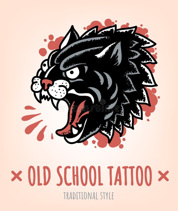 Estilo tradicional selvagem de Cat Old School Tattoo ilustração royalty free Estilo tradicional selvagem de Cat Old School Tattoo ilustração royalty free