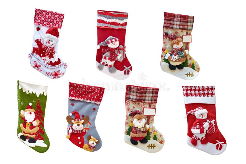 Estocagem decorativa de Natal para presentes Meias e brinquedos de ano novo imagens de stock Estocagem decorativa de Natal para presentes Meias e brinquedos de ano novo imagens de stock