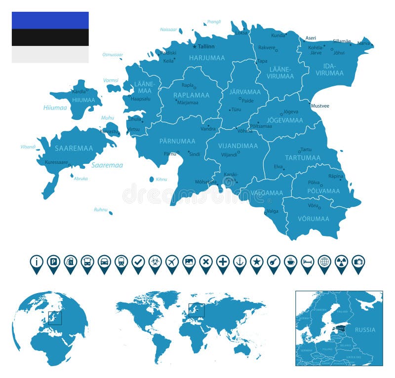 Estonia Detailed Blue Country Map With Cities Regions Location On Estonia Detailed Blue Country Map Cities Regions Location World Globe Infographic Icons Vector Illustration 277990868